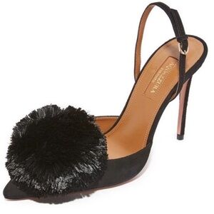 Aquazzura powder puff 115mm, black suede, pom pom, EUC, 38.5